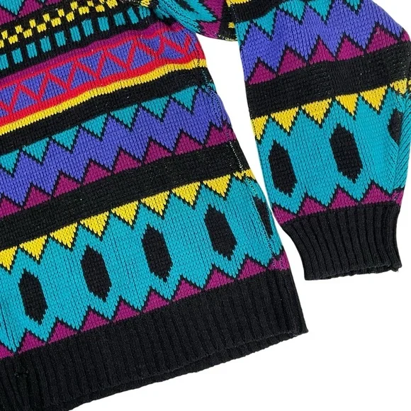 Vintage 90’s Chauvin Geometric Retro Turquoise Knit Sweater - Picture 4 of 8